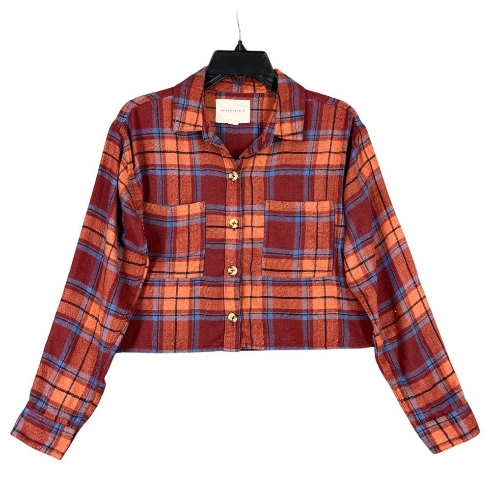 Aeropostale Flannel Cropped Shirt Top Womens‎ Plaid Utility Streetwear Statement